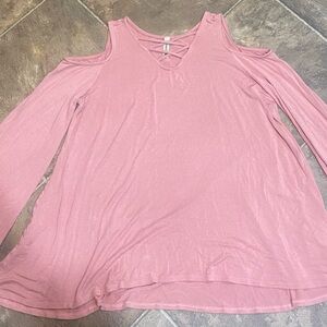 Pomelo Pink Cold-Shoulder V-Neck Long Sleeve Top with Crisscross Detail